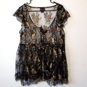 Sheer Lace Gold Accent Open Front Peplum Top